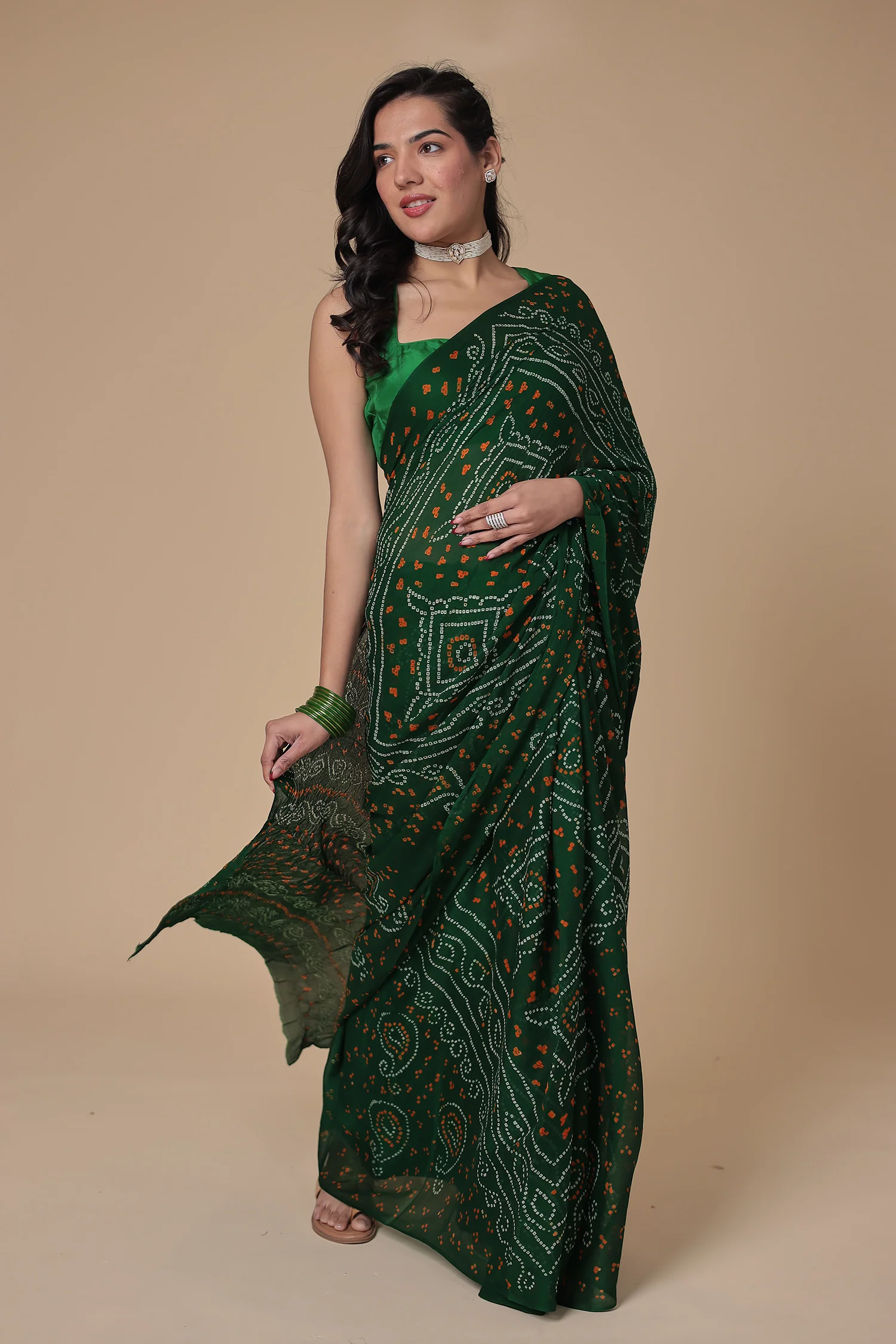 Timeless Bandhej Georgette Saree Bottle Green